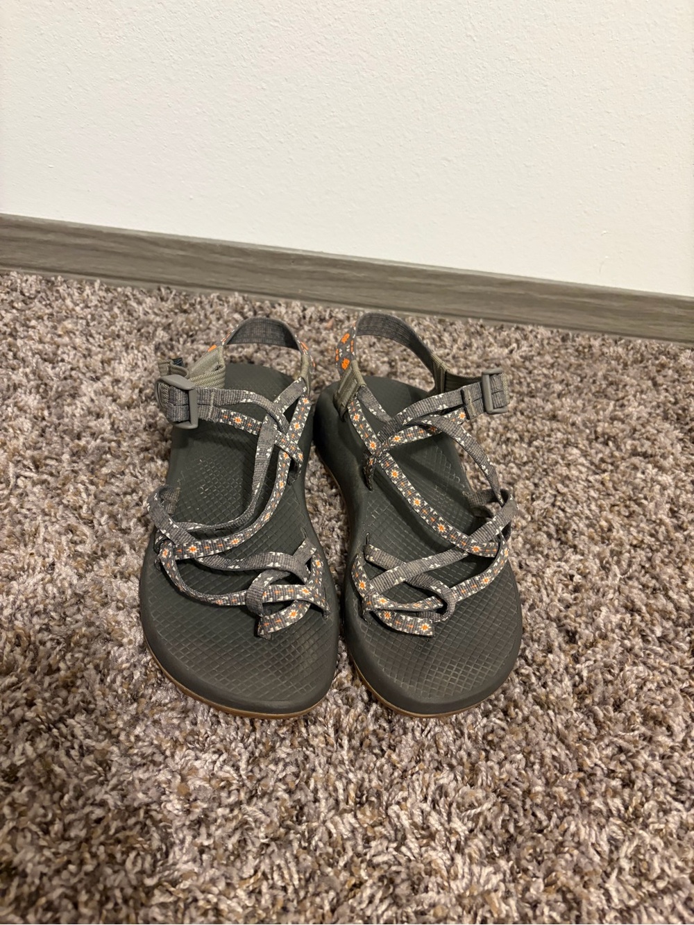 Chaco Women's Gray Sandals with Orange Dot Pattern